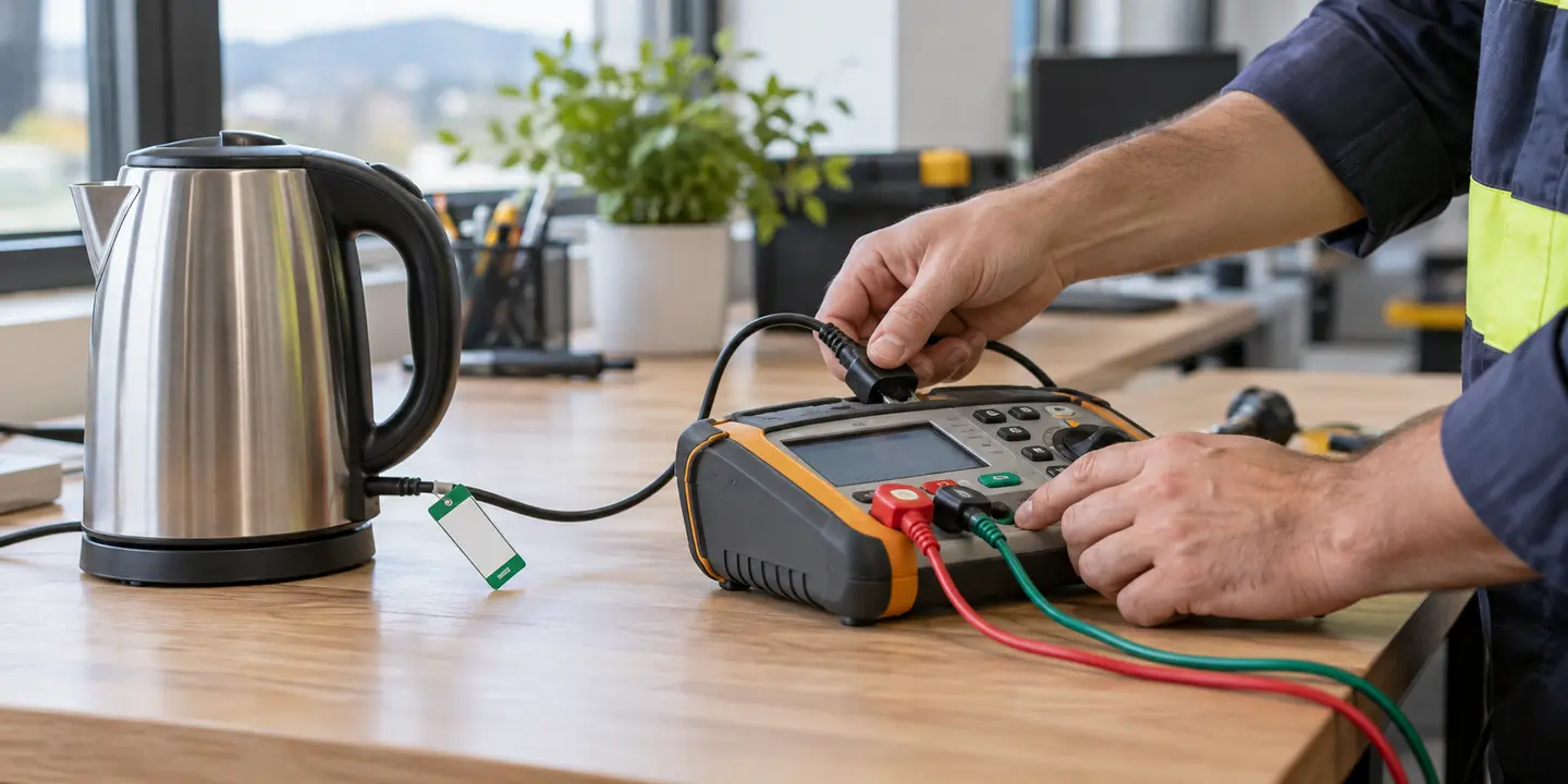 Electrical appliance safety tester checking a kettle during a workplace test and tag inspection.