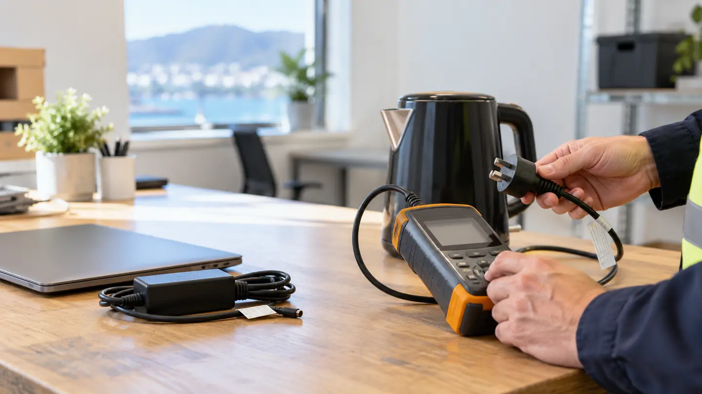 Technician's hands connecting an electrical appliance to a portable safety tester in a bright workplace.