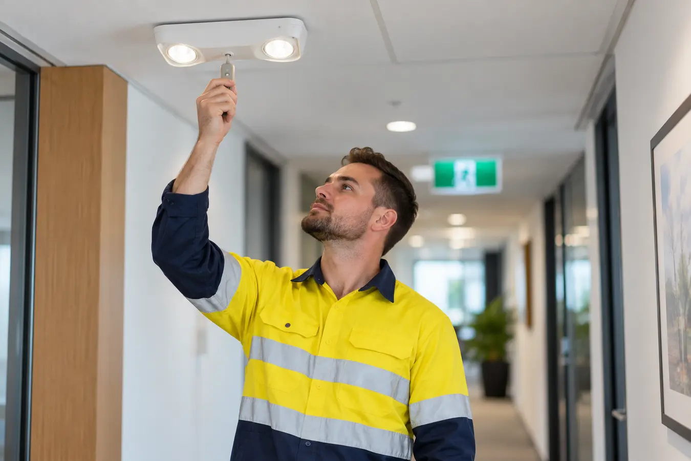 Technician testing an emergency light in a workplace corridor.