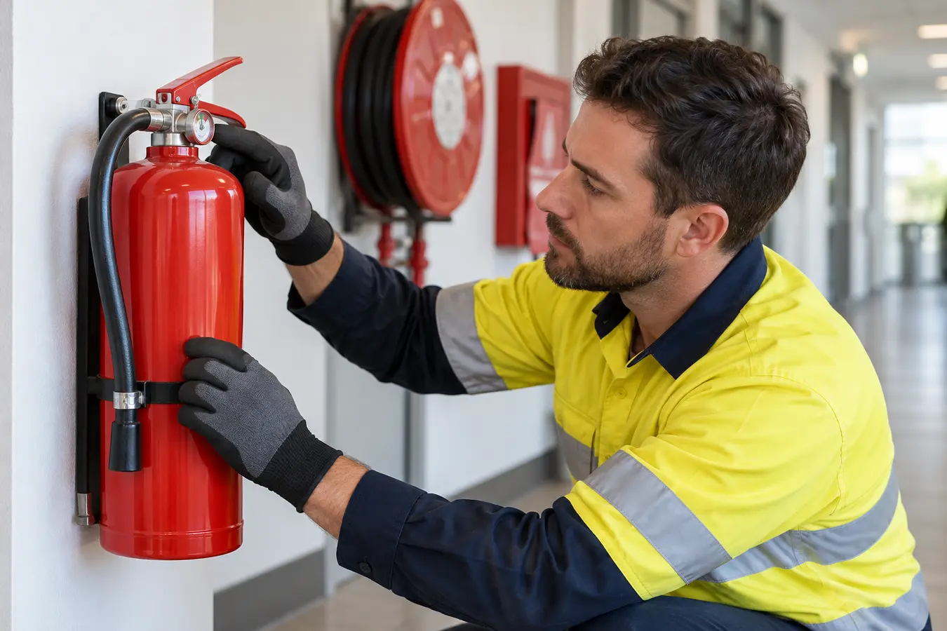 Technician inspecting a wall-mounted fire extinguisher beside a hose reel.