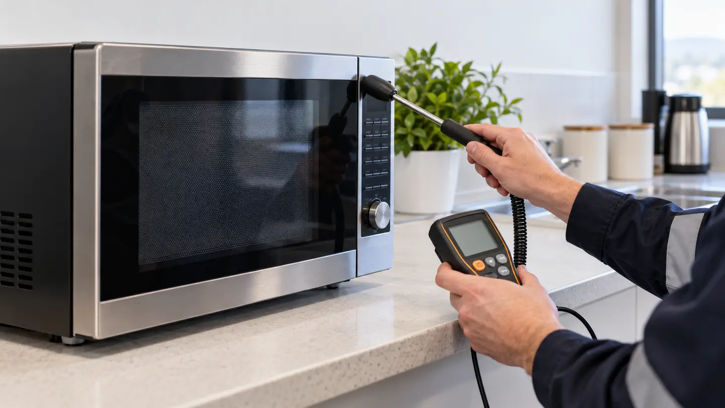 Microwave leakage tester checking the door seal of a kitchen microwave.