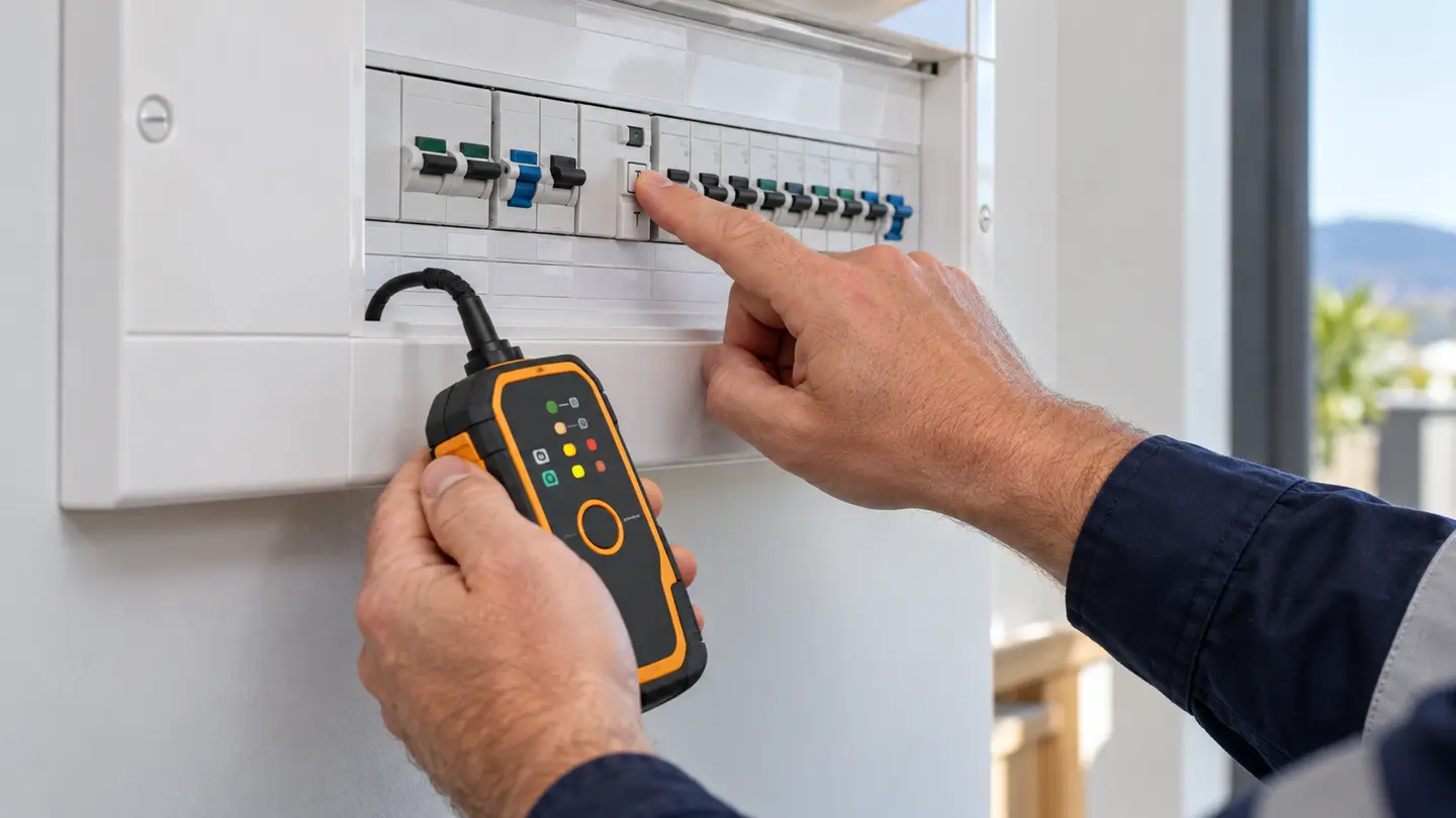 Portable RCD tester checking a safety switch at an electrical switchboard.