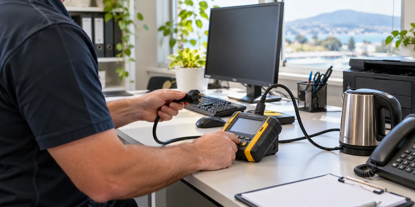 Portable appliance tester connected to office equipment during a test and tag inspection.
