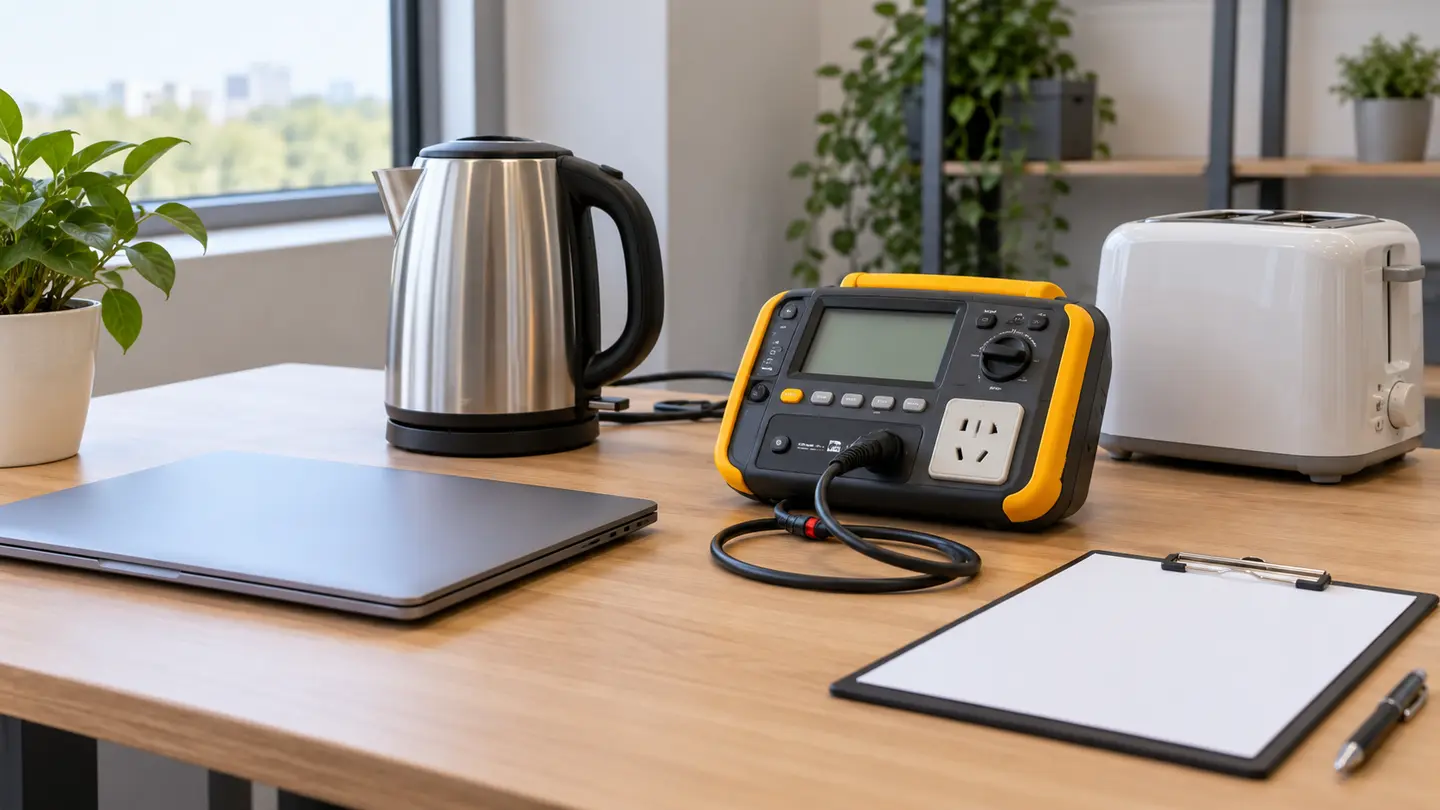Portable appliance tester with a kettle, toaster and blank clipboard arranged on a workplace bench.